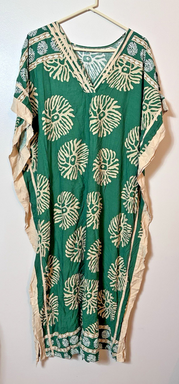 Green Beige Printed Kaftan Dress One Size Fringe Trim Beach Cover Up Resort Long